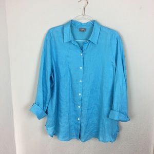 J JILL | Teal 100% Linen Button Down Blouse